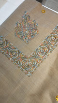 Ghadir Qalam Kaari Super Turma Kashmiri semi pashmina with coral, mustard gold, navy and white multicolour corner motif and border