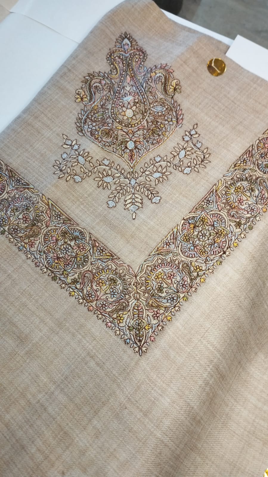 Golab Qalam Kaari Super Turma Kashmiri semi pashmina with pastel pink and blue corner motif and border