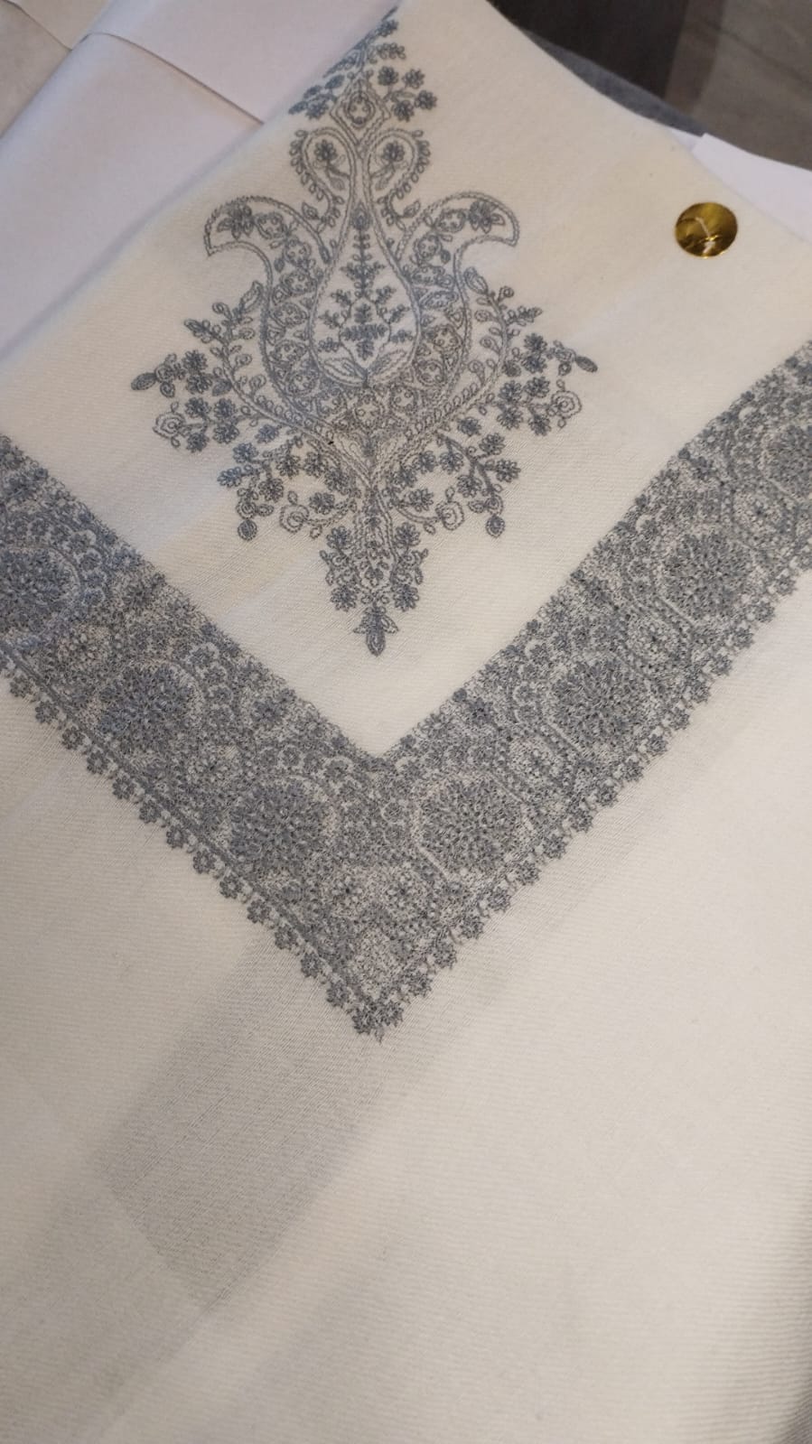 Hadeed Qalam Kaari Super Turma Kashmiri semi pashmina with steel graphite corner motif and border