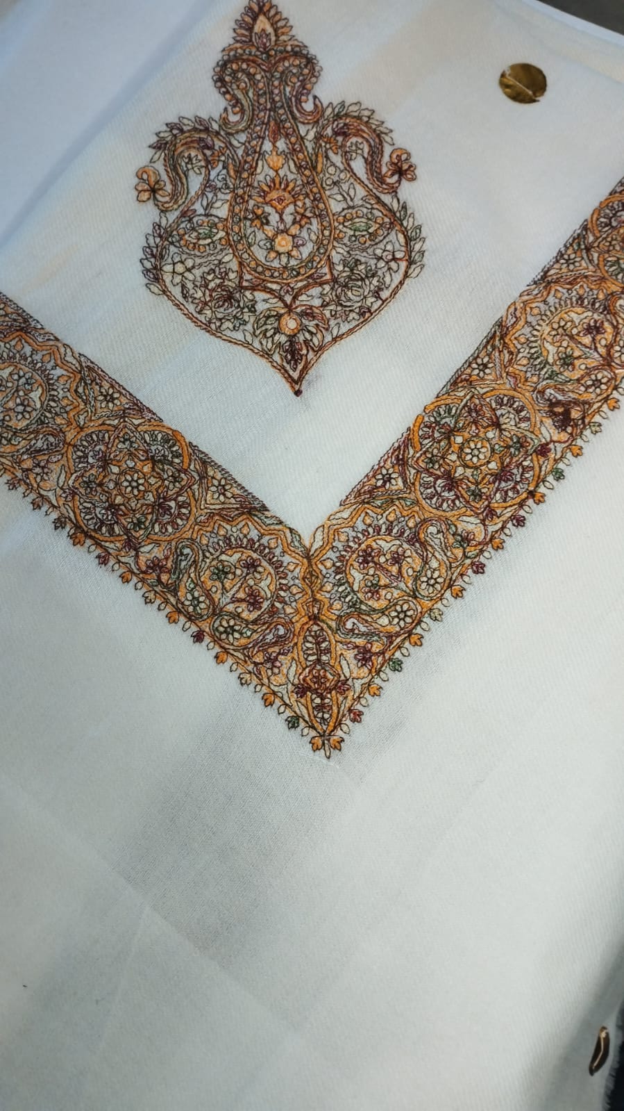 Kahraba Qalam Kaari Super Turma Kashmiri semi pashmina with copper and amber gold dense corner motif and border