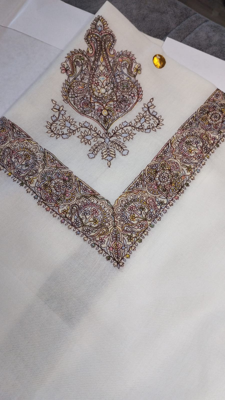 Khuzama Qalam Kaari Super Turma Kashmiri semi pashmina with mauve and plum multicolour corner motif and border