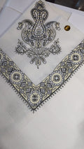 Kuhl Qalam Kaari Super Turma Kashmiri semi pashmina with black and ivory fine corner motif and border
