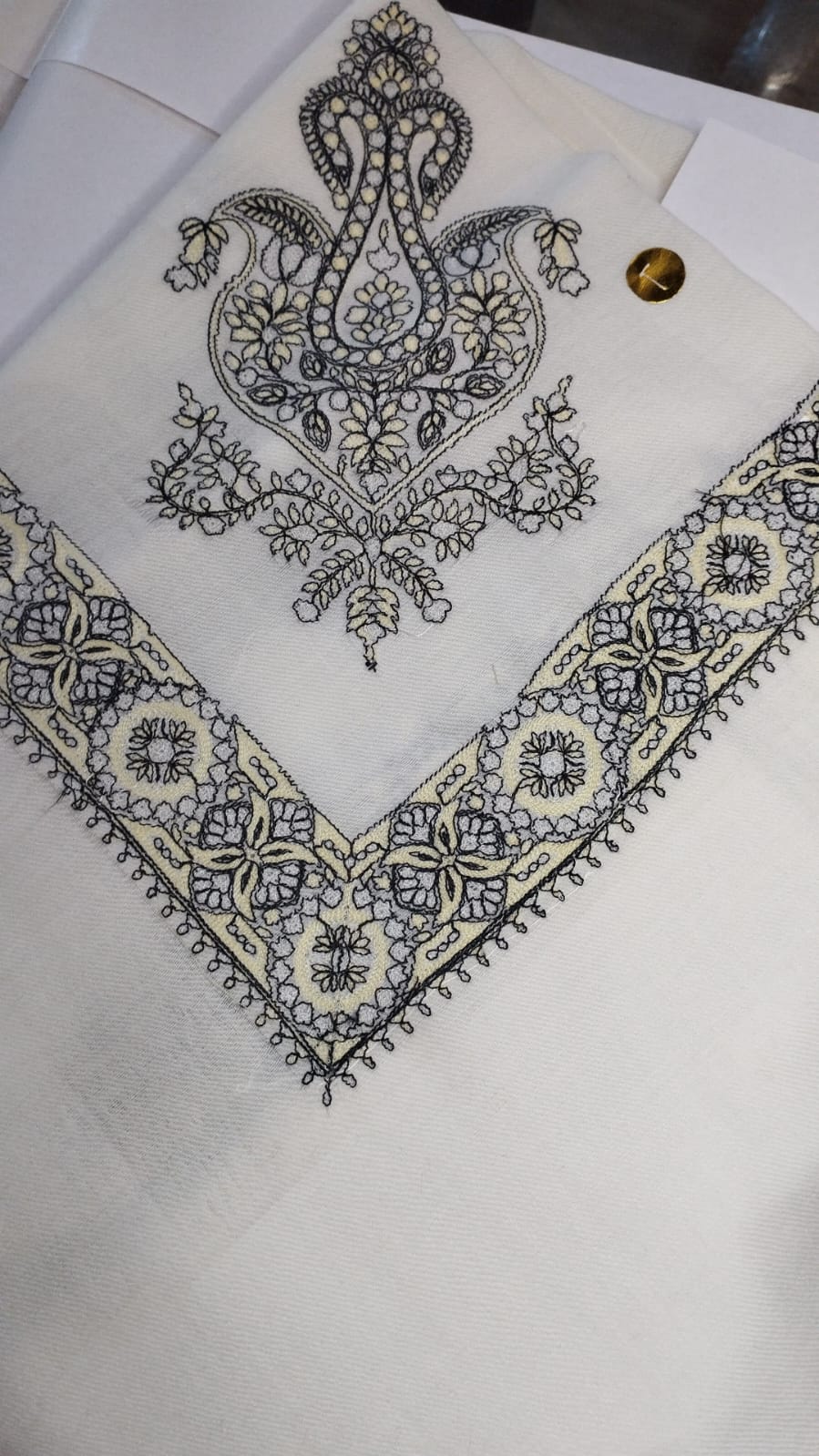 Kuhl Qalam Kaari Super Turma Kashmiri semi pashmina with black and ivory fine corner motif and border