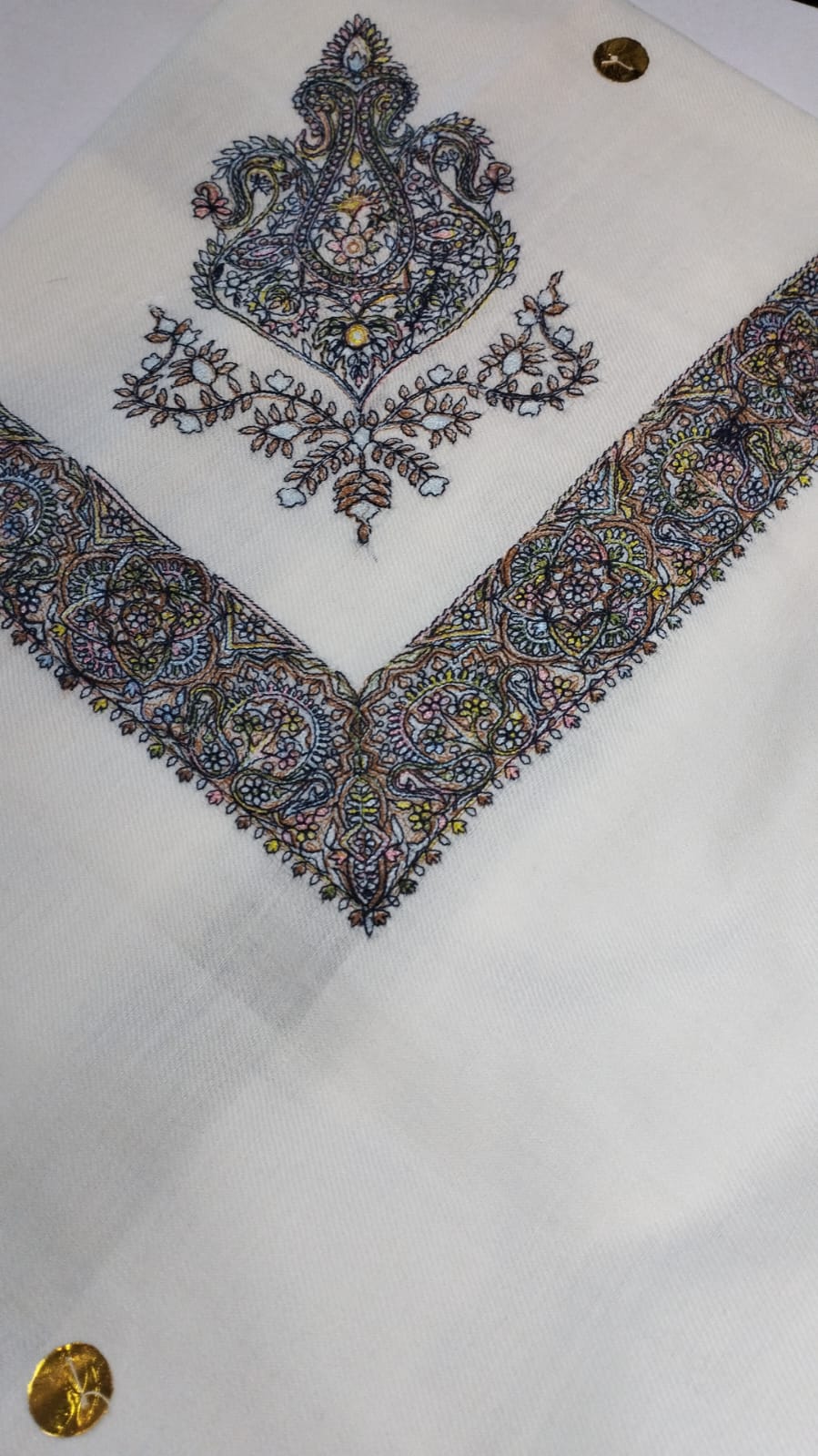 Layl Qalam Kaari Super Turma Kashmiri semi pashmina with indigo blue and dark multicolour corner motif and border
