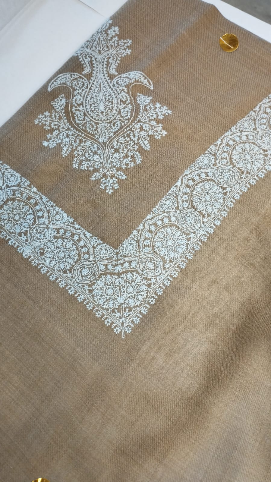 Mahtab Qalam Kaari Super Turma Kashmiri semi pashmina with ivory white corner motif and wide border