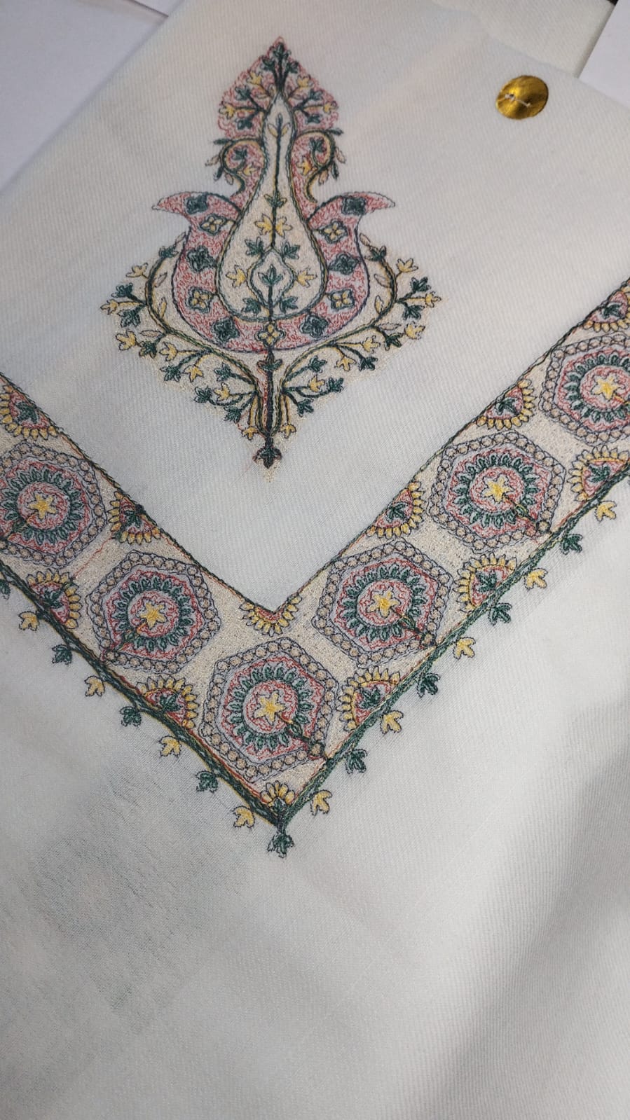 Mina Qalam Kaari Super Turma Kashmiri semi pashmina with pastel pink, green and blue medallion corner motif and border
