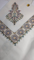Mina Qalam Kaari Super Turma Kashmiri semi pashmina with pastel pink, green and blue medallion corner motif and border
