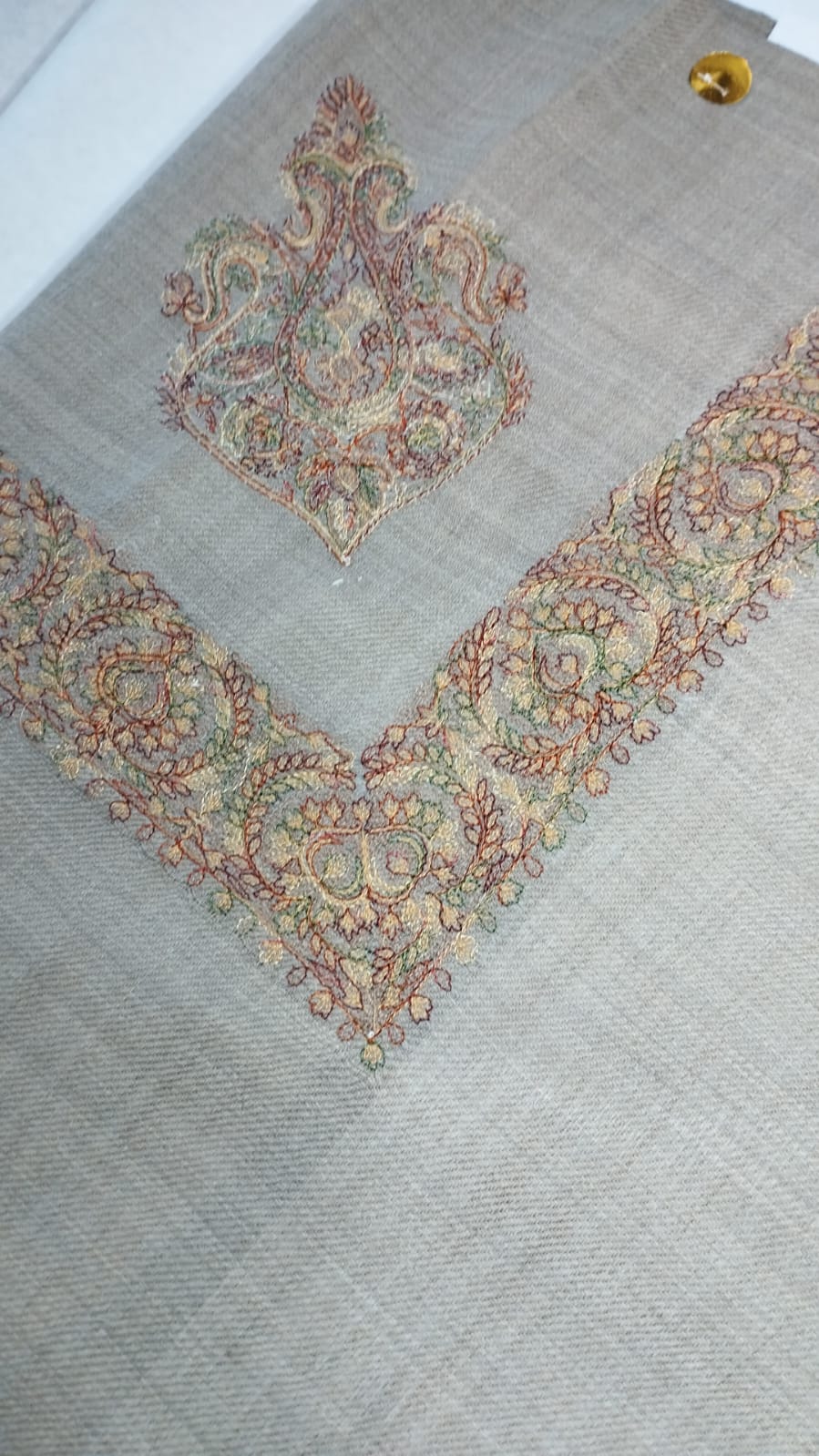 Narjis Qalam Kaari Super Turma Kashmiri semi pashmina with pastel multicolour corner motif and border on a pale sage ground