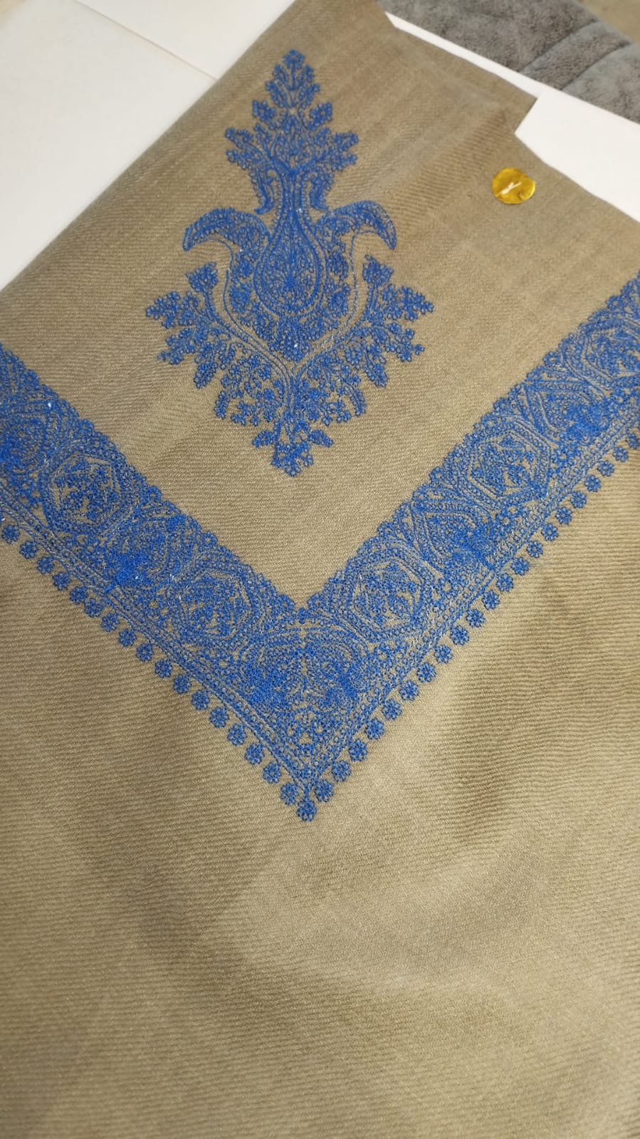Nili Qalam Kaari Super Turma Kashmiri semi pashmina with cobalt blue corner motif and border