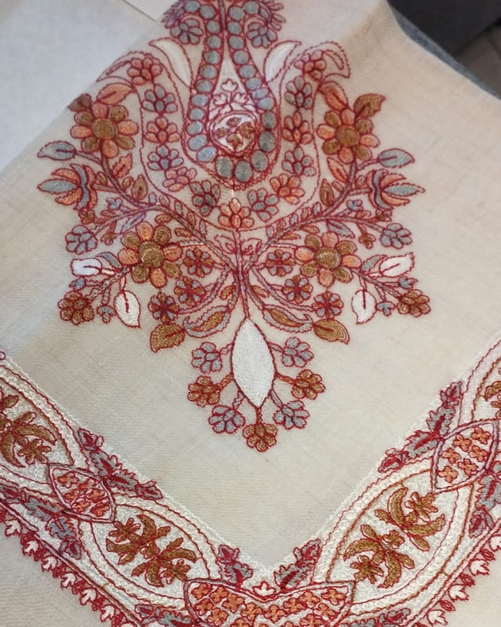 Qalam Kaari Pashmina floral bouquet corner motif and interlaced border in scarlet, rust and grey-blue hand-drawn sozni