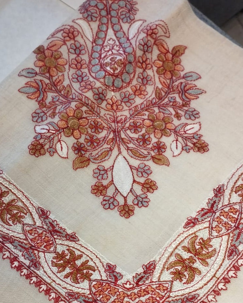Qalam Kaari Pashmina floral bouquet corner motif and interlaced border in scarlet, rust and grey-blue hand-drawn sozni