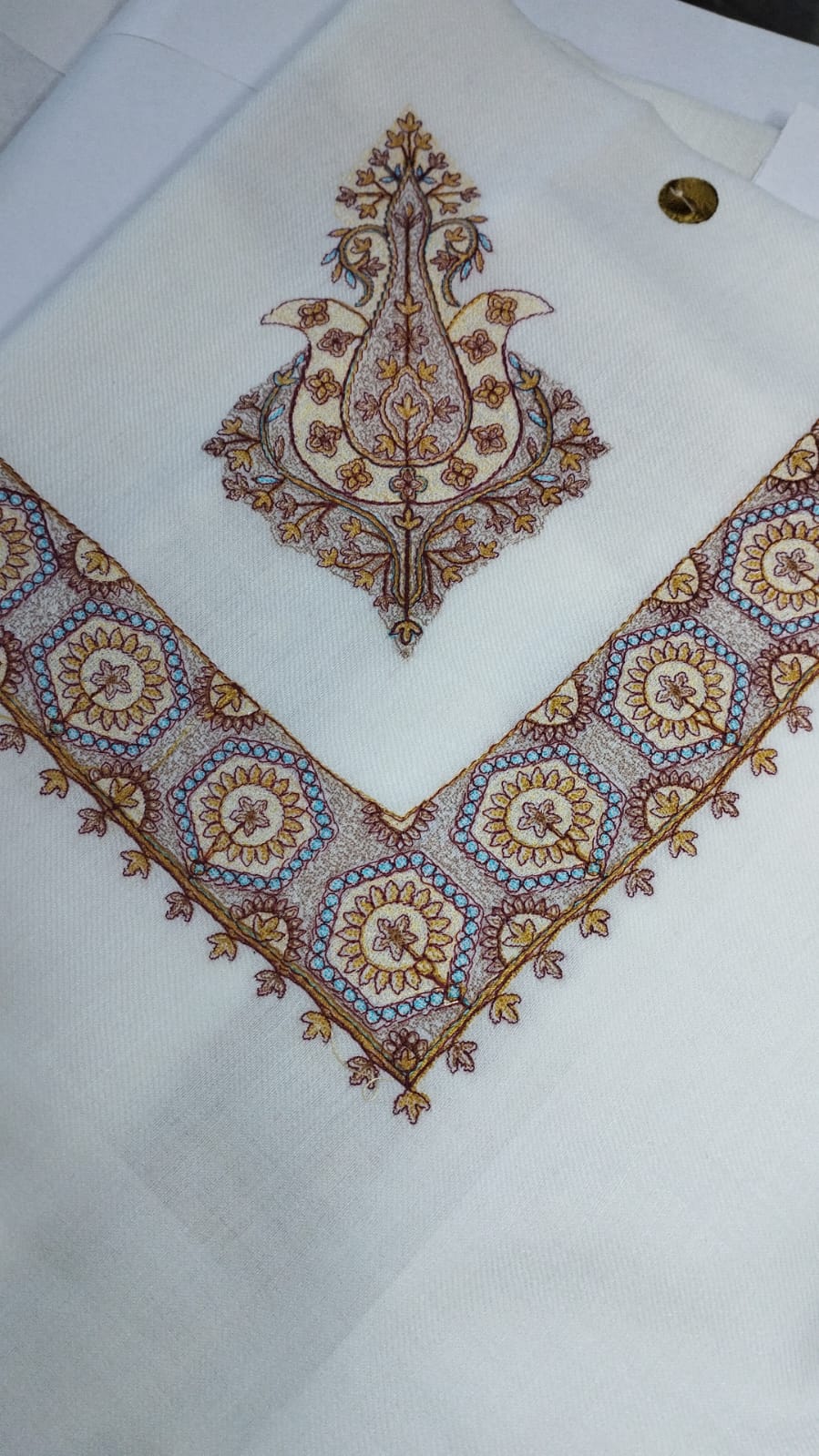 Qashani Qalam Kaari Super Turma Kashmiri semi pashmina with copper corner motif with a blue and gold medallion border