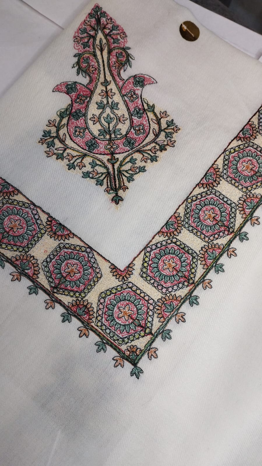 Qurunful Qalam Kaari Super Turma Kashmiri semi pashmina with pink and green medallion corner motif and border