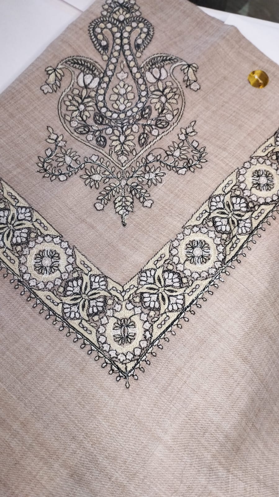 Raqm Qalam Kaari Super Turma Kashmiri semi pashmina with black and white fine corner motif and border