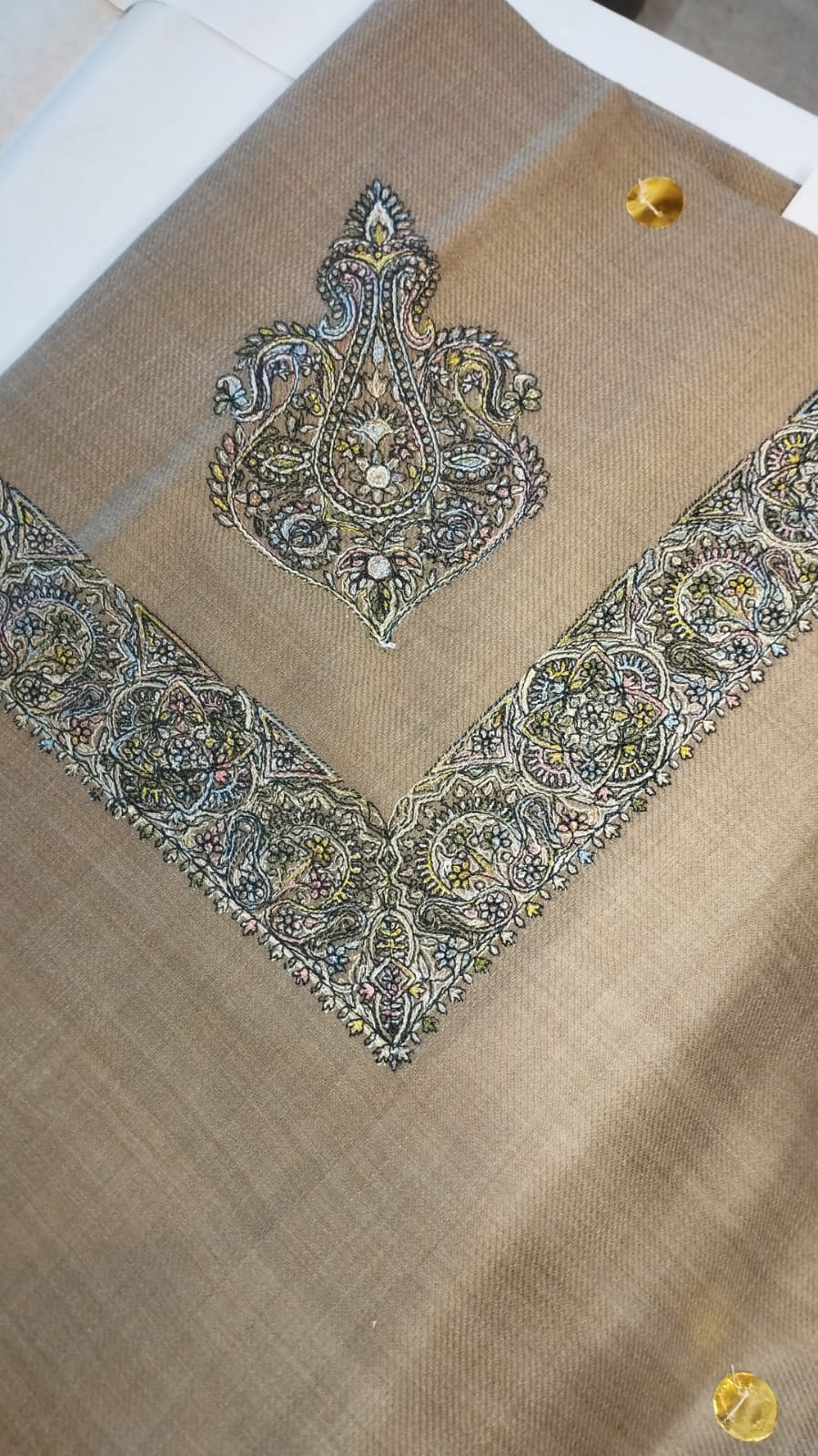 Rusas Qalam Kaari Super Turma Kashmiri semi pashmina with dense charcoal, ivory and pastel multicolour corner motif and border