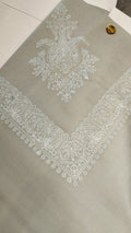 Sabz Qalam Kaari Super Turma Kashmiri semi pashmina with white corner motif and border on a sage green ground