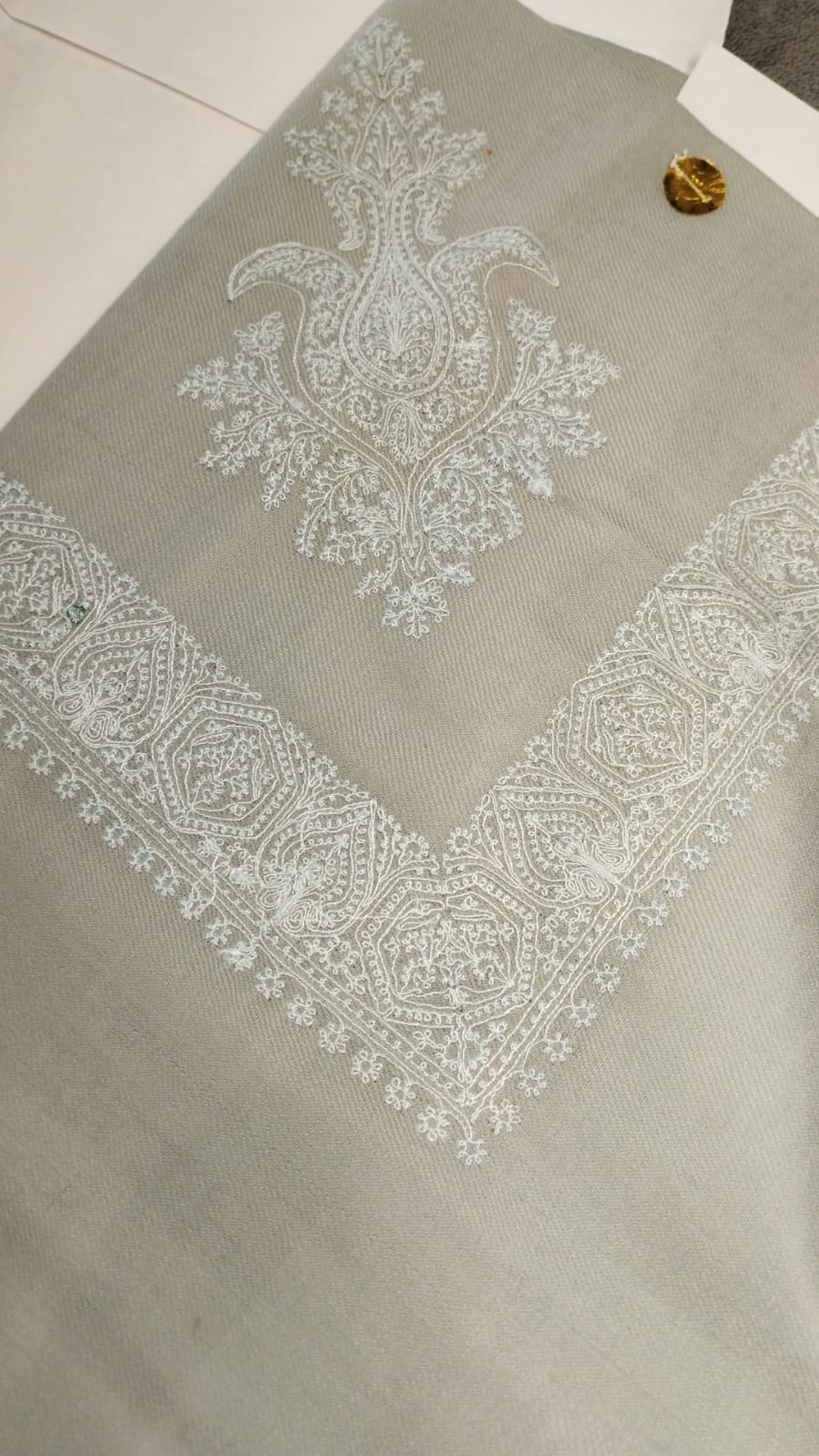 Sabz Qalam Kaari Super Turma Kashmiri semi pashmina with white corner motif and border on a sage green ground
