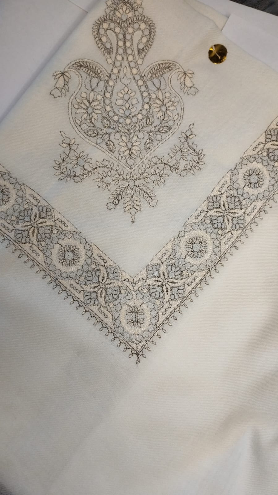 Simin Qalam Kaari Super Turma Kashmiri semi pashmina with fine pewter-silver corner motif and geometric pen-work border