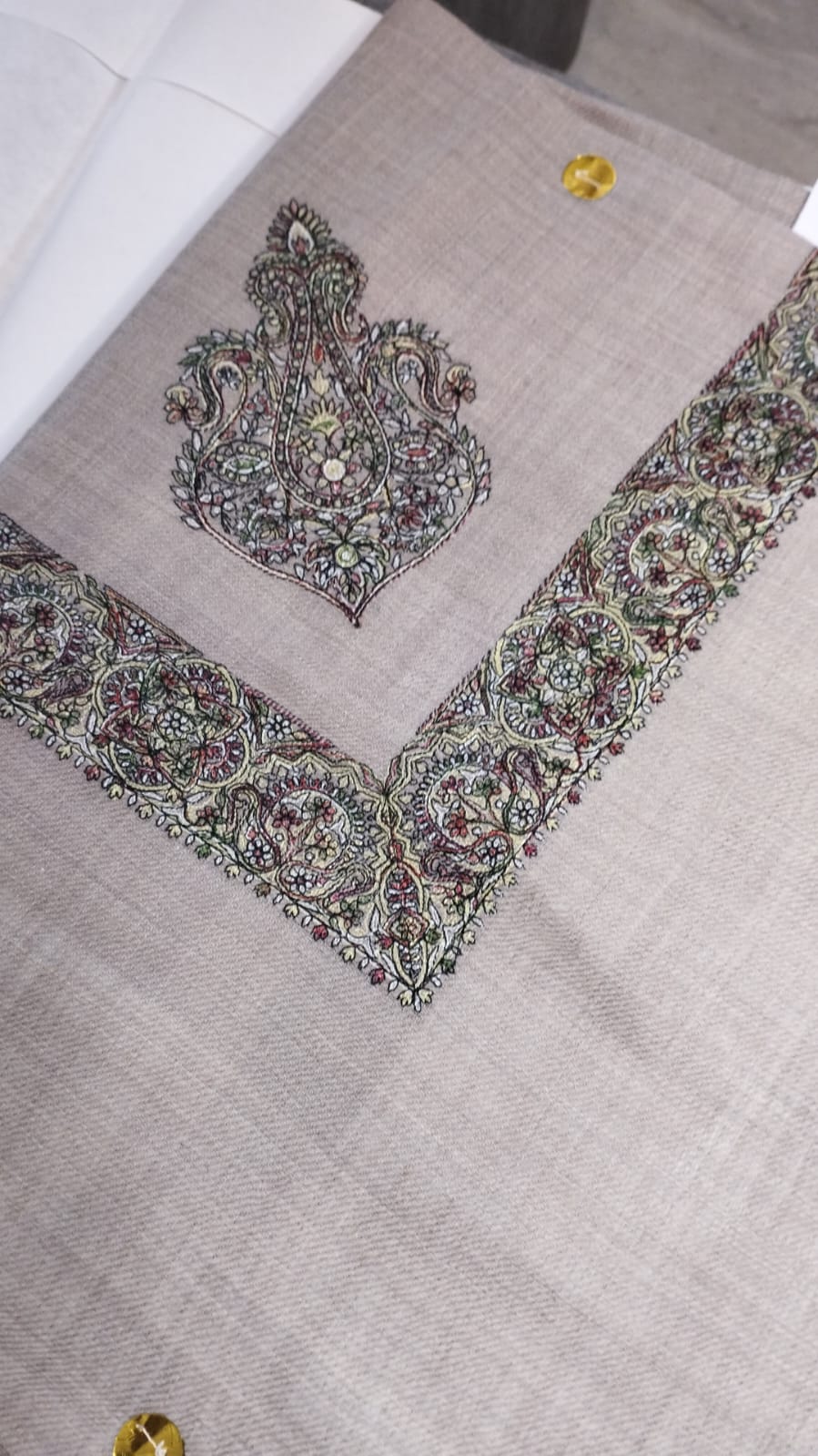 Sorme Qalam Kaari Super Turma Kashmiri semi pashmina with charcoal multicolour corner motif and border