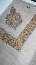 Tawus Qalam Kaari Super Turma Kashmiri semi pashmina with amber gold, maroon, sage green and ivory multicolour corner motif and border