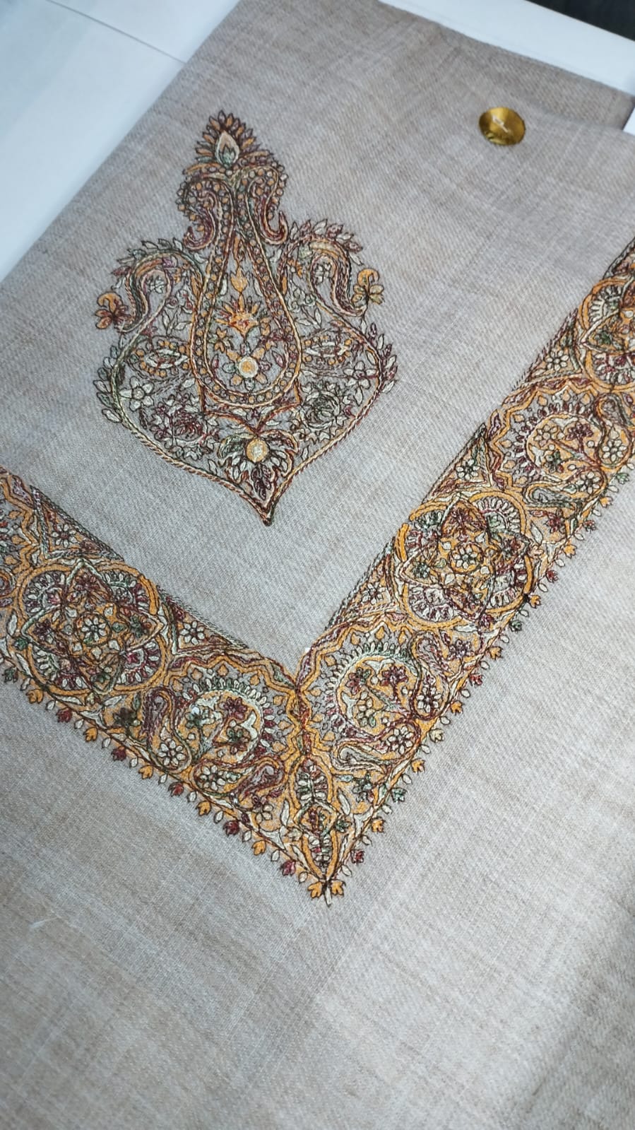 Tawus Qalam Kaari Super Turma Kashmiri semi pashmina with amber gold, maroon, sage green and ivory multicolour corner motif and border