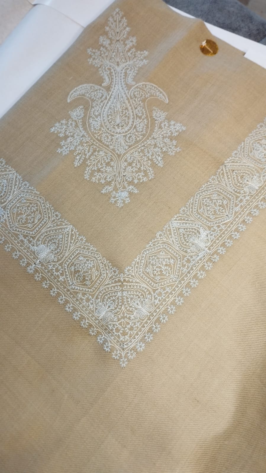 Yasmin Qalam Kaari Super Turma Kashmiri semi pashmina with ivory white corner motif and border