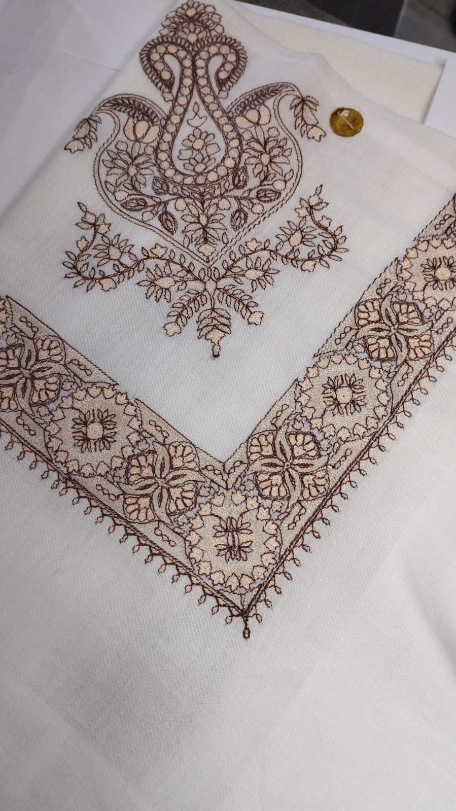 Zabeeb Qalam Kaari Super Turma Kashmiri semi pashmina with plum brown corner motif and fine border