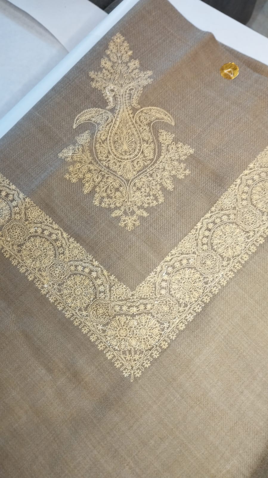 Zarrin Qalam Kaari Super Turma Kashmiri semi pashmina with pale gold and cream corner motif and border