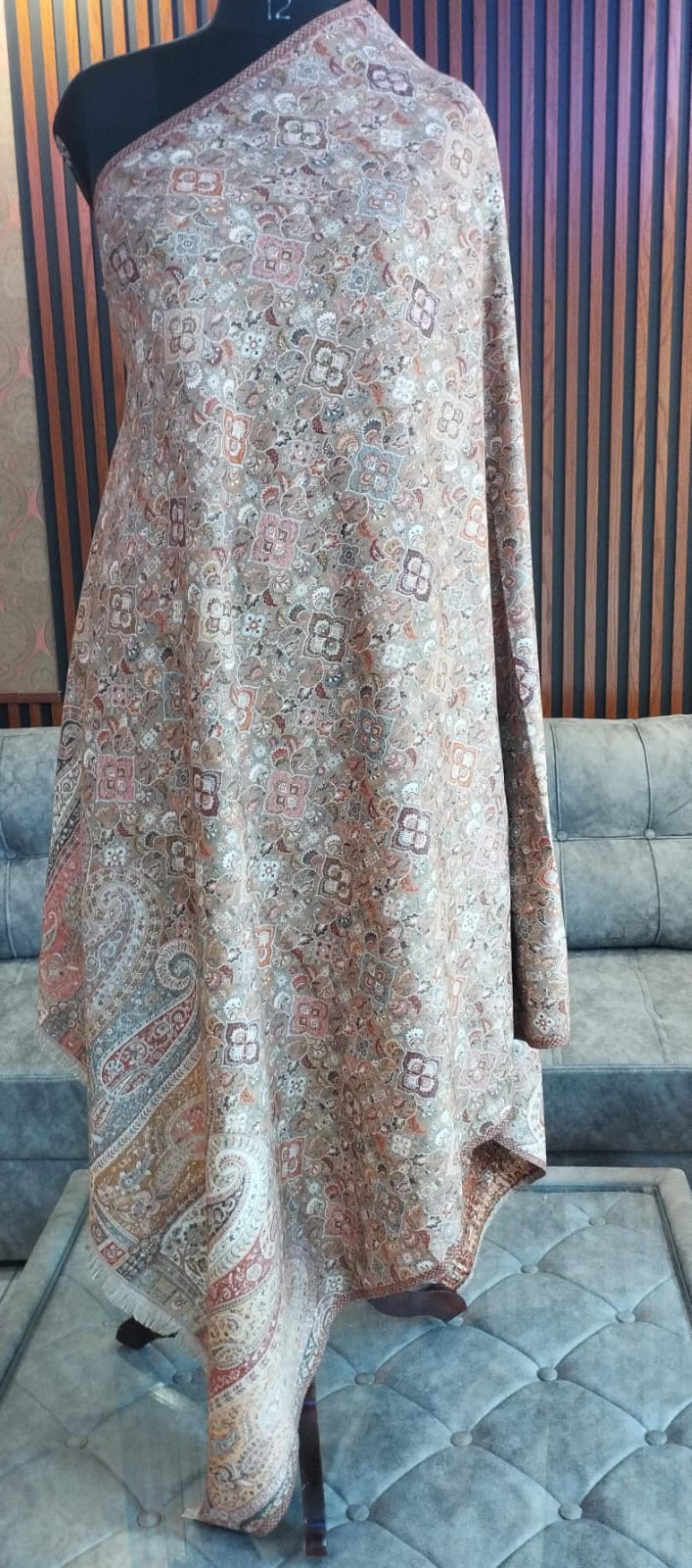Buta Kashmiri semi pashmina shawl draped on a mannequin, taupe floral lattice