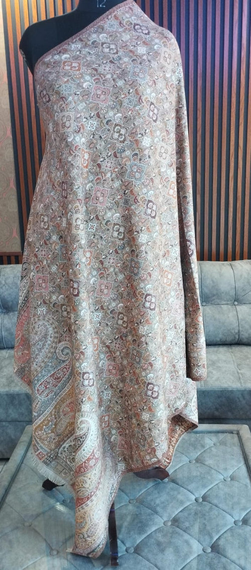 Buta Kashmiri semi pashmina shawl draped on a mannequin, taupe floral lattice