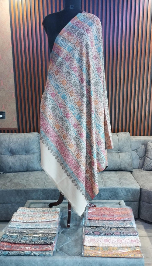 Firdaus Kashmiri semi pashmina shawl draped on a mannequin, ivory with roses