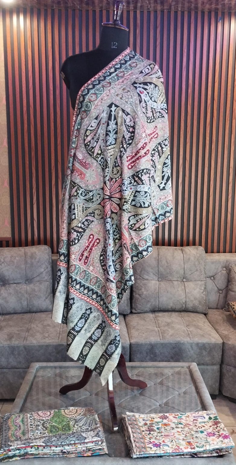 Ghazal Kashmiri semi pashmina stole draped on a mannequin, bold black and teal paisley