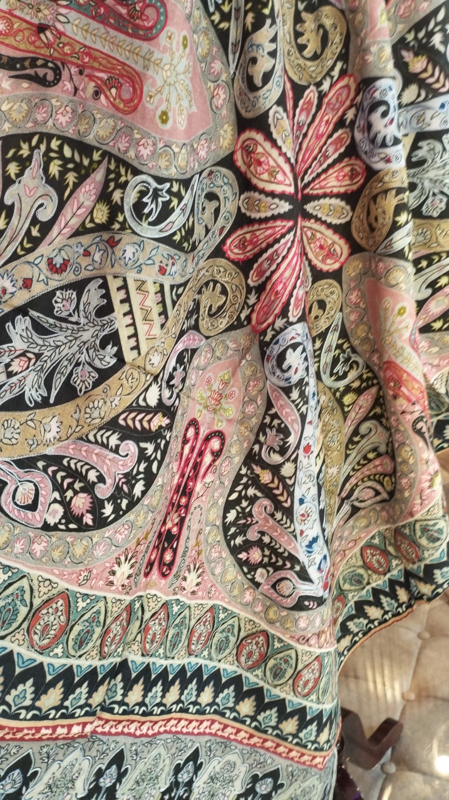 Ghazal stole close-up, bold black and teal paisley