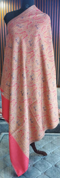 Jouri Kashmiri semi pashmina shawl draped on a mannequin, coral pink paisley