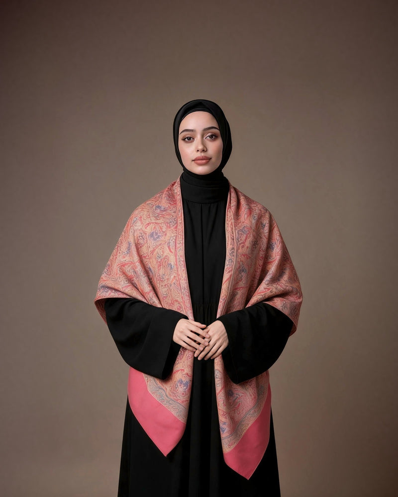 Model wearing a Kashmiri semi pashmina shawl
