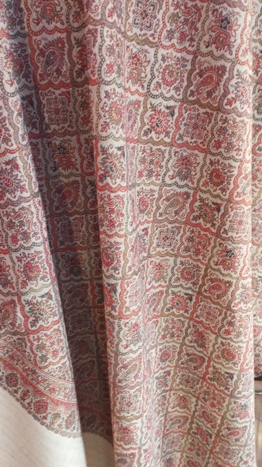 Karaz shawl close-up, cherry red trellis on ivory