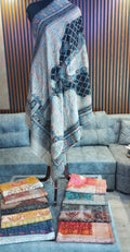 Midad Kashmiri semi pashmina shawl draped on a mannequin, indigo lattice on ivory