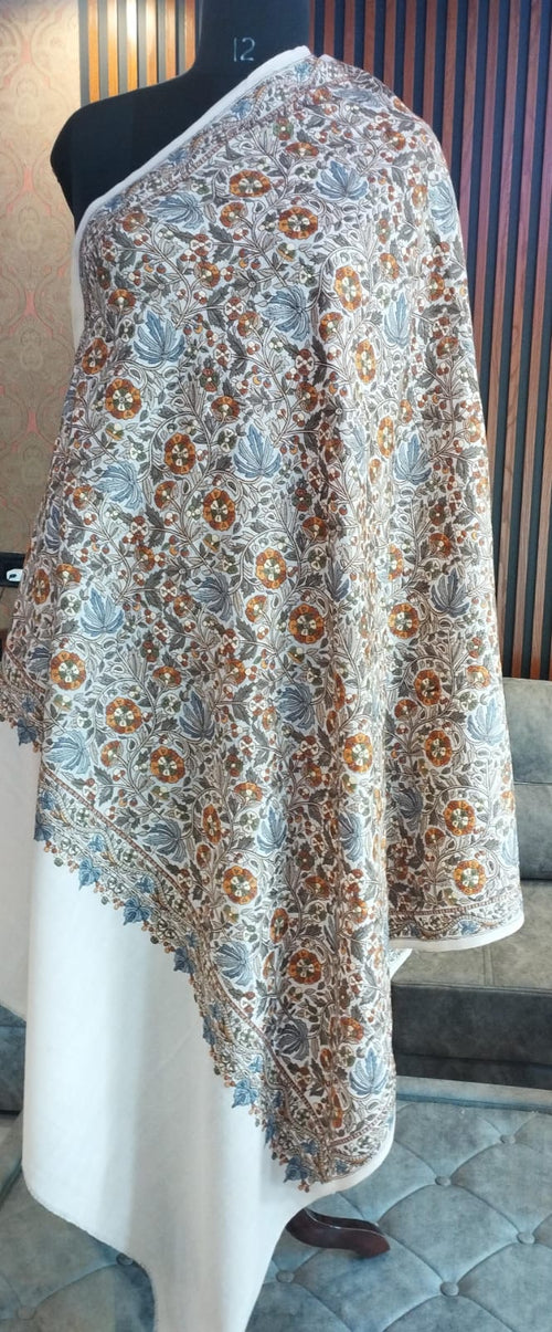 Rawda Kashmiri semi pashmina shawl draped on a mannequin, ivory with flowering vines