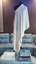 Safa Kashmiri semi pashmina stole draped on a mannequin, pale stone with pastel sprays