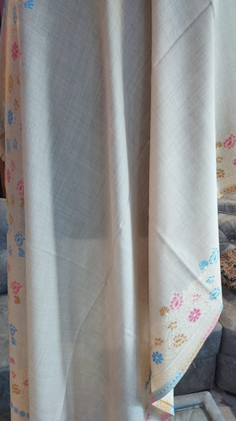 Safa stole close-up, pale stone with pastel sprays