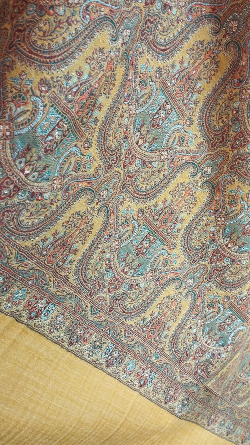 Shams shawl close-up, saffron gold paisley