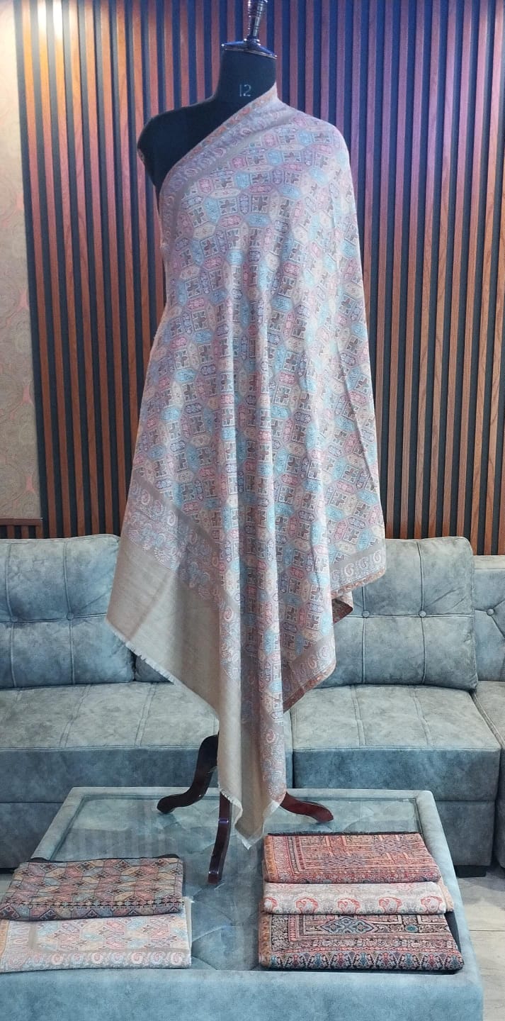 Shirin Kashmiri semi pashmina shawl draped on a mannequin, pastel tile pattern