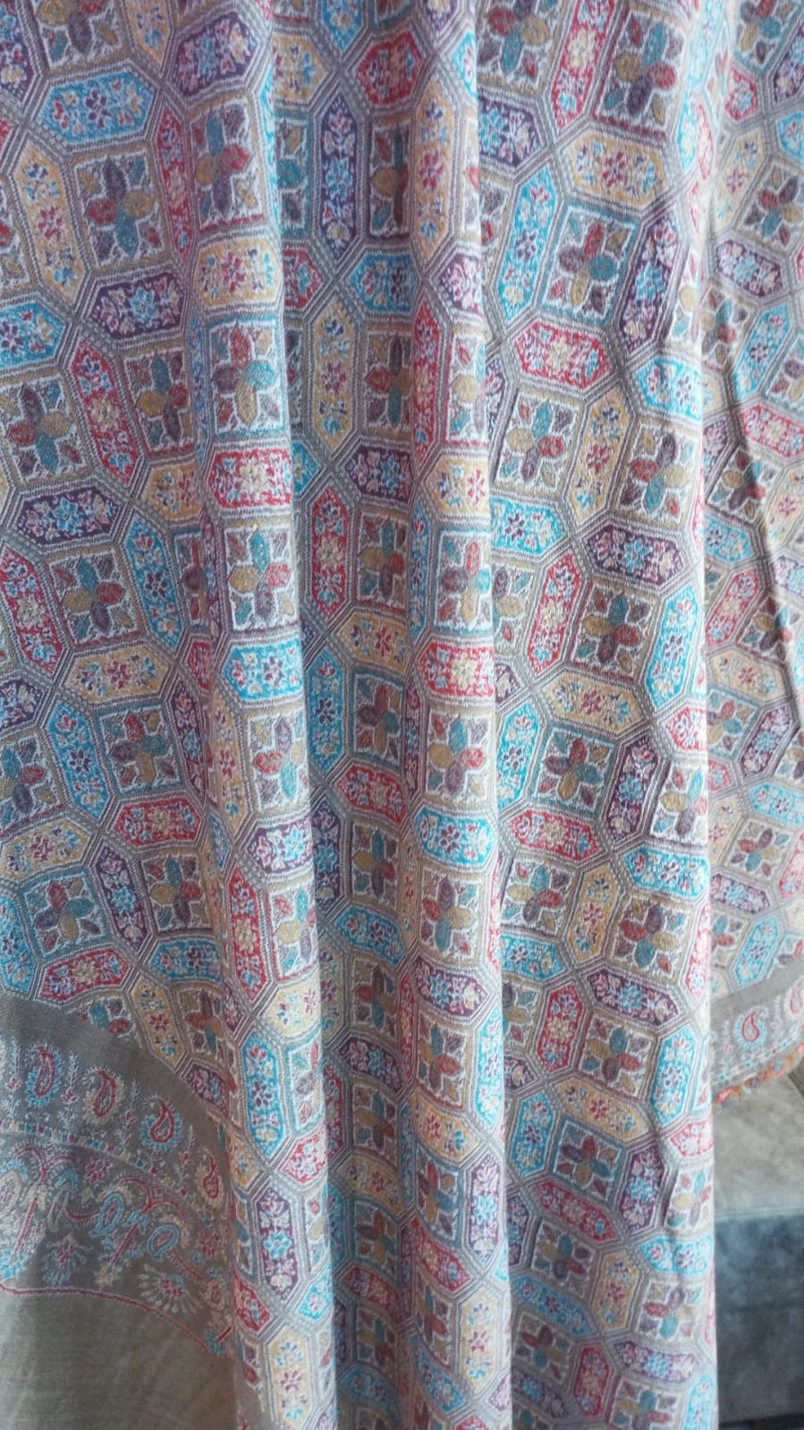 Shirin shawl close-up, pastel tile pattern