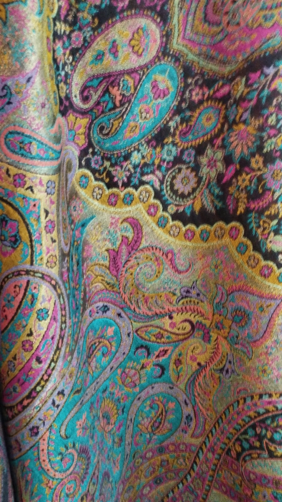 Thuraya shawl close-up, jewel paisley on black