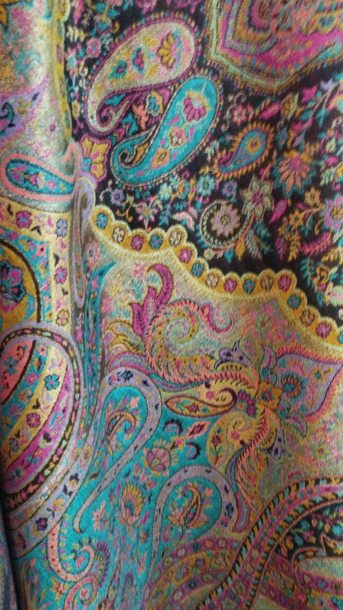 Thuraya shawl close-up, jewel paisley on black