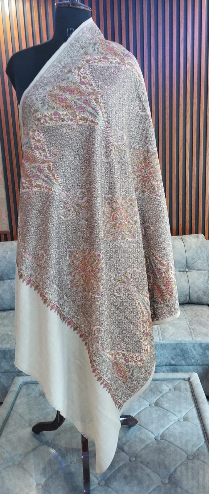 Toranj Kashmiri semi pashmina shawl draped on a mannequin, ivory medallion lattice