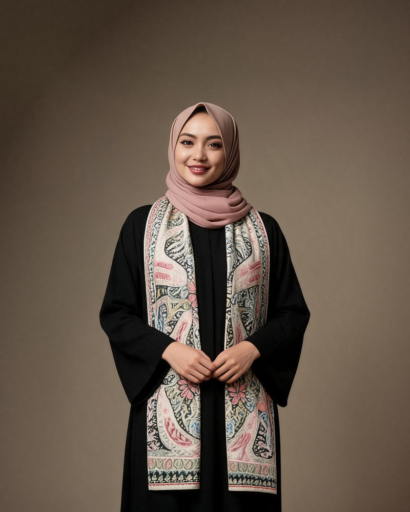 Model wearing a Kashmiri semi pashmina stole