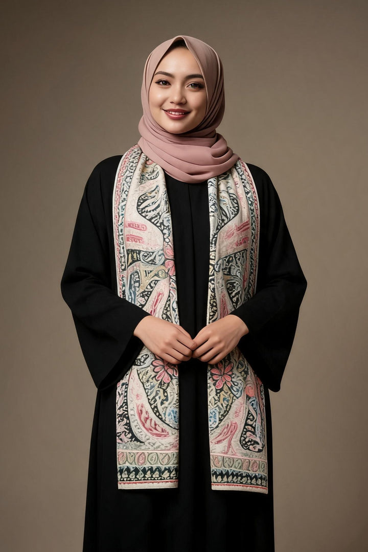 Woman in a dusty pink hijab and black abaya wearing the Ghazal Kashmiri semi pashmina stole, ivory with bold black, teal and coral paisley