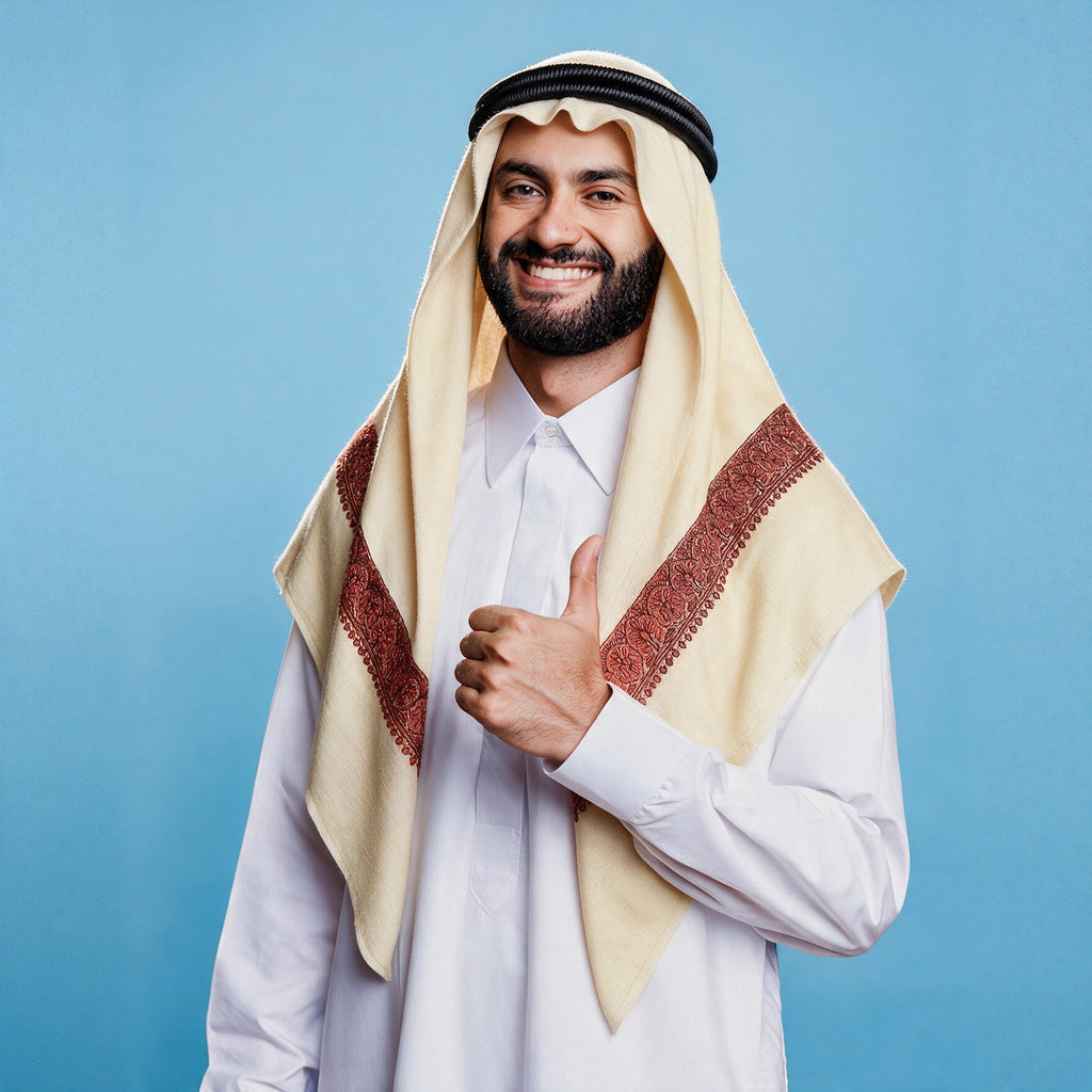 Man wearing the Sumaq Kashmiri pashmina ghutra with a black agal and white thobe, crimson sozni border on each front end