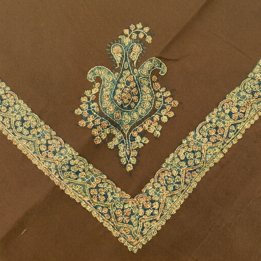 Thalj Kashmiri pashmina ghutra with a teal paisley corner motif and a broad mint and ivory floral scroll border on a coffee brown ground